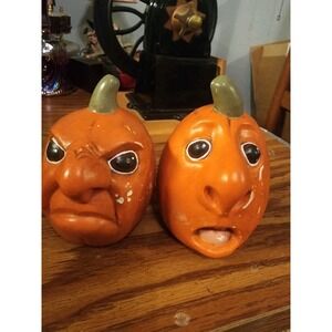 Vintage Set Of 2 1970s Anthropomorphic Ceramic Jack-O-Lantern Funny Face Figures